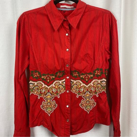 Johnny Was 3J Workshop Orange Embroidered Pearl Snap Blouse Sz.M - Picture 2 of 11